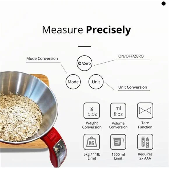Digital Kitchen Food Scale with Bowl (Removable) and Measuring Cup